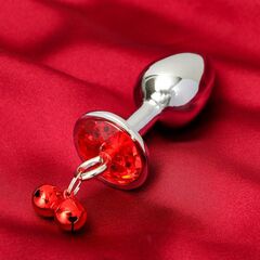 Серебристая анальная пробка с колокольчиками и красным кристаллом - 7 см., фото 